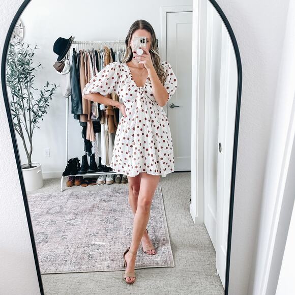 Abercrombie White Brown Polka Dot Puff Sleeve Mini Dress - Picture 13 of 13